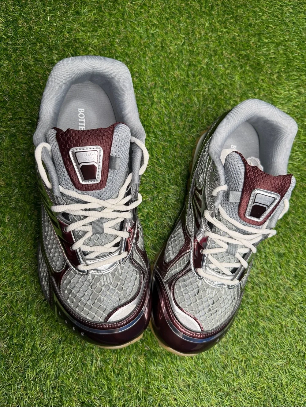 Bottega Veneta Men’s Metallic Burgundy & Silver Sneakers with Gum Sole